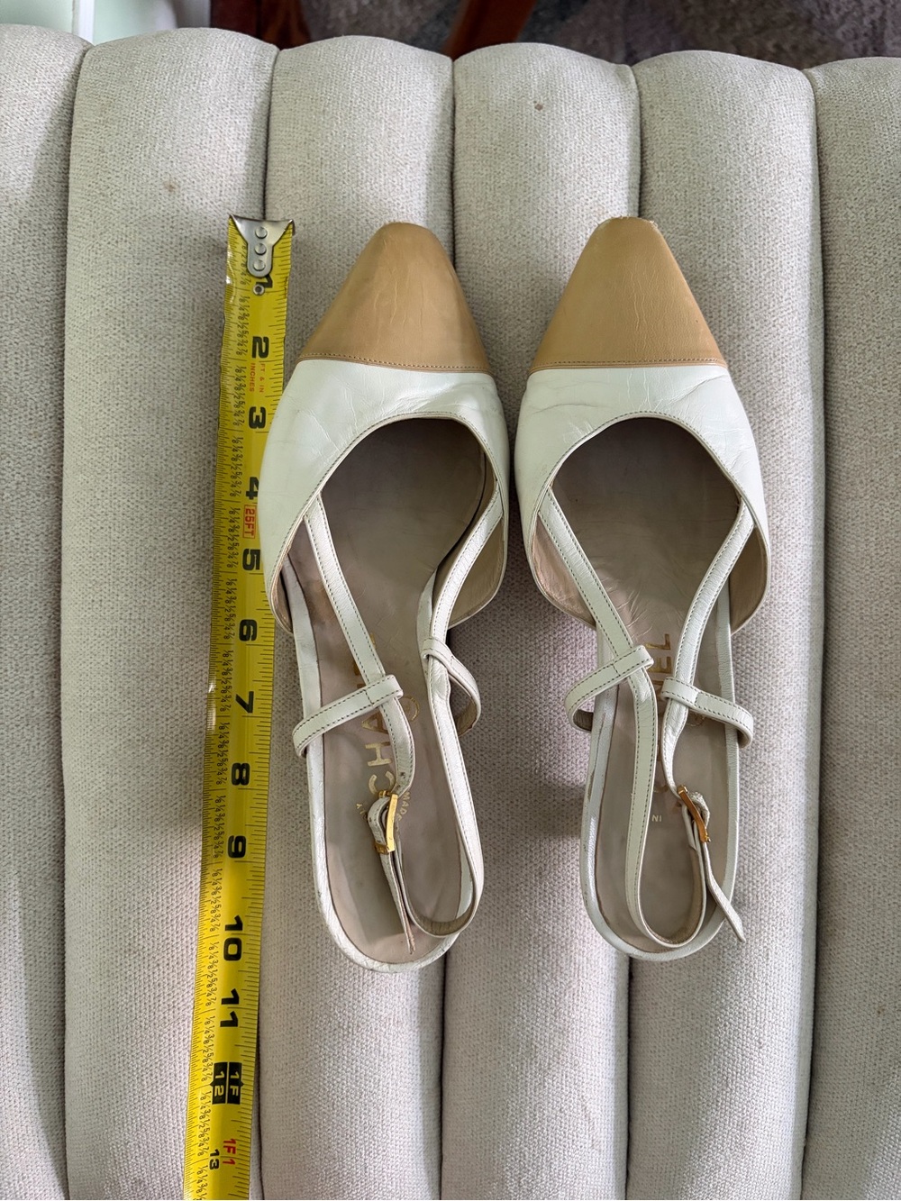 CHANEL Designer Vintage Kitten Slingback Cap Toe Heels White Size 36.5 37 6.5 7 - Picture 15 of 15